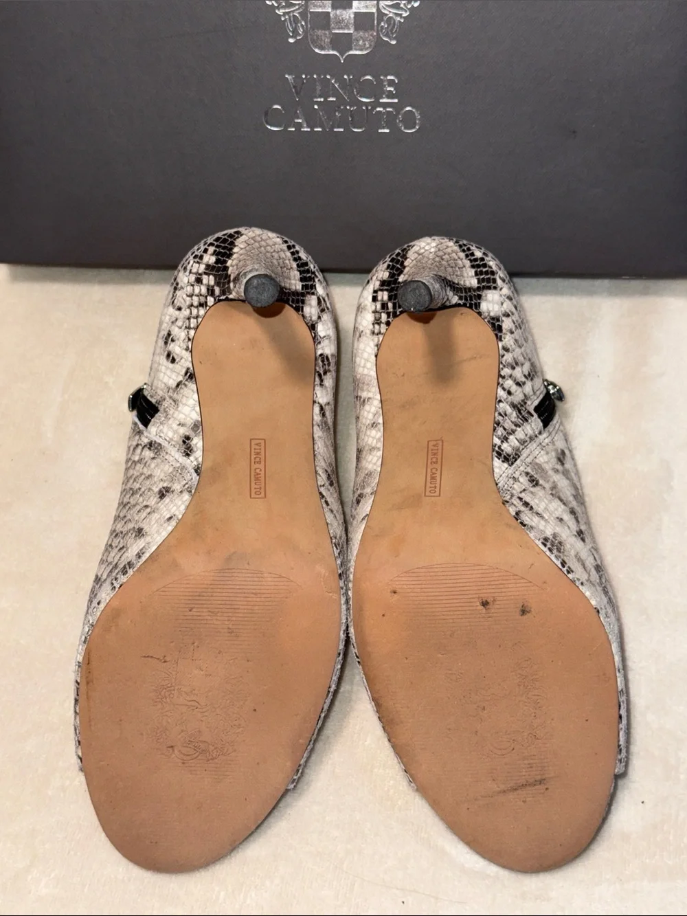 Vince Camuto Careeta Black and White Python Peep-Toe Stiletto Booties, Sz 9